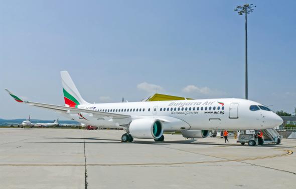 Bulgaria Air with a water salute for the first demonstration flight of the new Airbus A220-300 aircraft